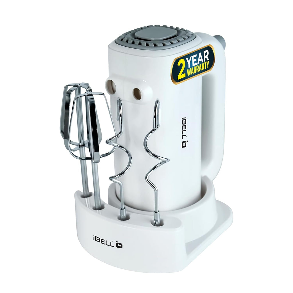 iBELL WHISK350 Electric Hand Mixer - 350W with 5 Speed Control, Stainless Steel Beaters & Dough Hooks for Baking, Whipping & Mixing (White)