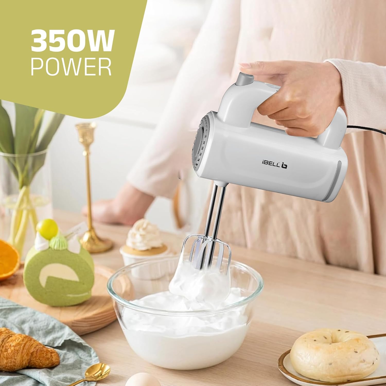 iBELL WHISK350 Electric Hand Mixer - 350W with 5 Speed Control, Stainless Steel Beaters & Dough Hooks for Baking, Whipping & Mixing (White)