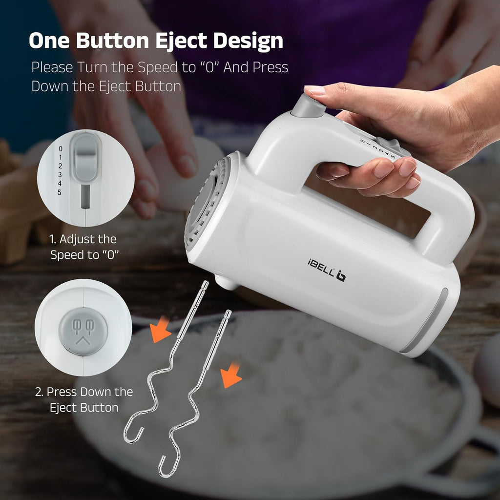 iBELL WHISK350 Electric Hand Mixer - 350W with 5 Speed Control, Stainless Steel Beaters & Dough Hooks for Baking, Whipping & Mixing (White)