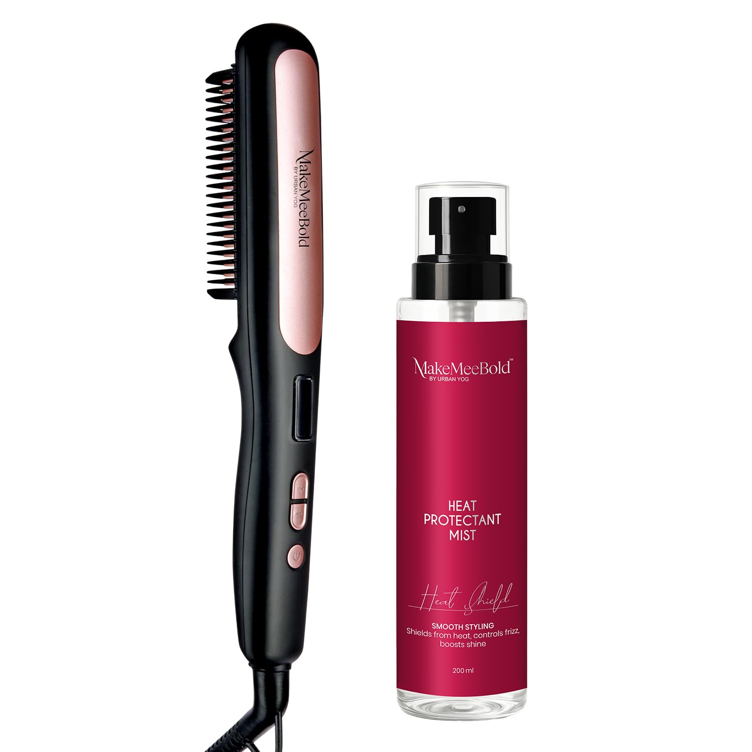 Urban Yog MakeMeeBold Hair Straightener Brush with Heat Protectant Spray | Frizz-Free Electric Hair Straightening Comb | Ceramic Coated Plates, 5 Temperature Settings, 1200W, Black