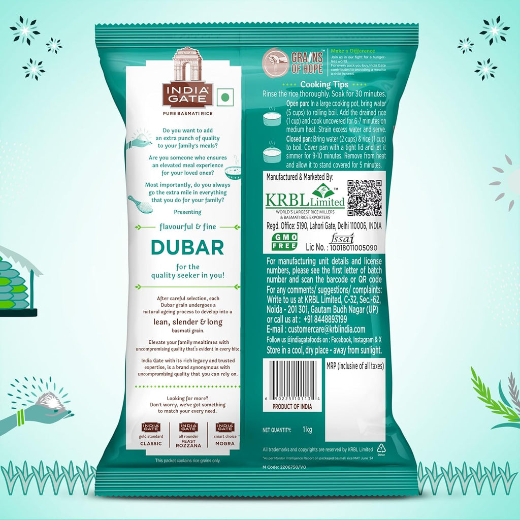 India Gate Dubar Basmati Rice | Long Slender Grains | Fluffy & Non-Sticky | 1 kg