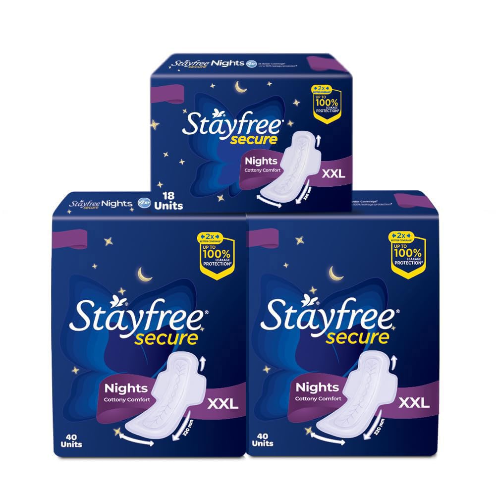 Stayfree Secure Nights XXL Sanitary Pads for Women | 98 Pads Combo Pack| Cottony Soft Cover | Upto 100% leakage protection | Buy XXL at XL price | Absorbs 2x Faster with Wider Back