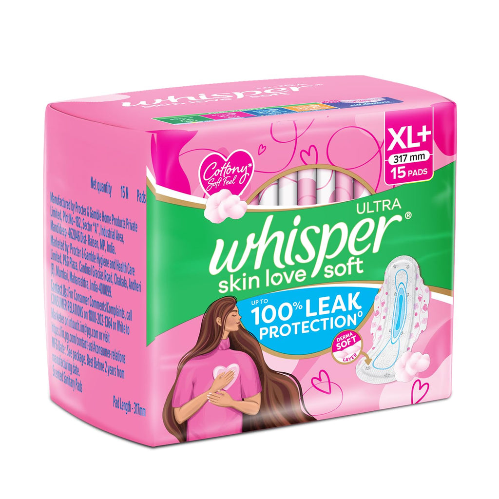 Whisper Ultra Skin Love Soft Sanitary Pads for Women, XL+ 15 Pads