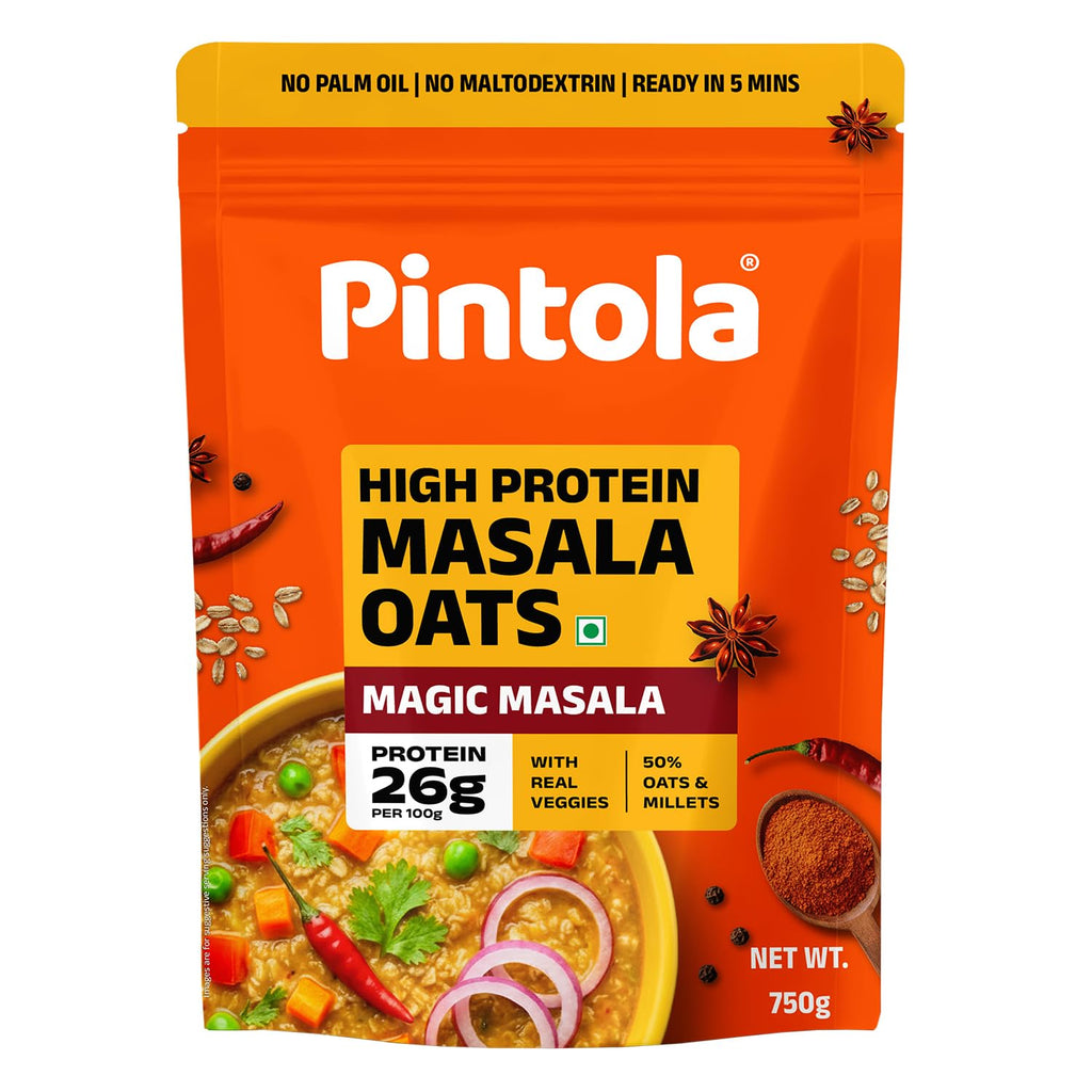 Pintola 26g High Protein Masala Oats 750g, Magic Masala, Breakfast Cereal with High Fiber & Veggies, No Palm Oil, No Preservatives, 5 min Healthy Snack, Helps Manage Weight, Gym Endurance & Gut Friendly