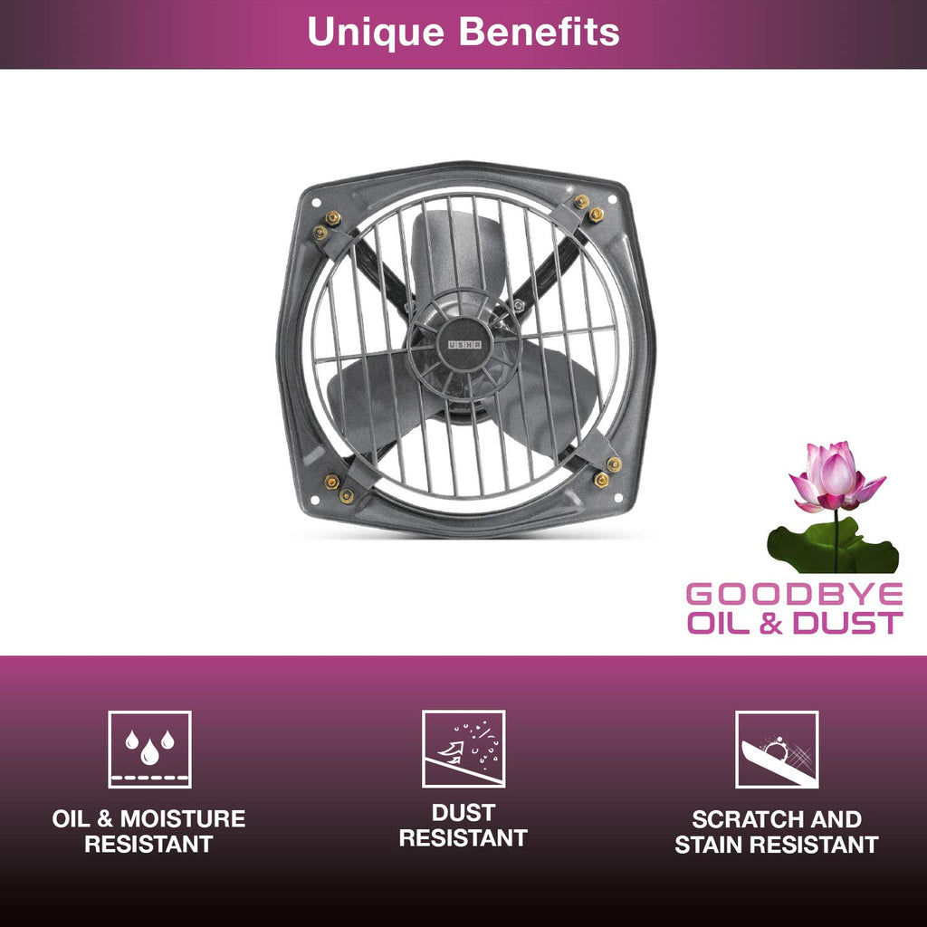 Usha Aeroclean 300 mm (12‑Inch) Exhaust Fan | Goodbye Oil & Dust Lacquer Coating | 100% Copper Motor | Scratch‑&‑Stain‑Resistant | Aerodynamically Balanced Blades | 2‑Year Warranty| Metallic Grey