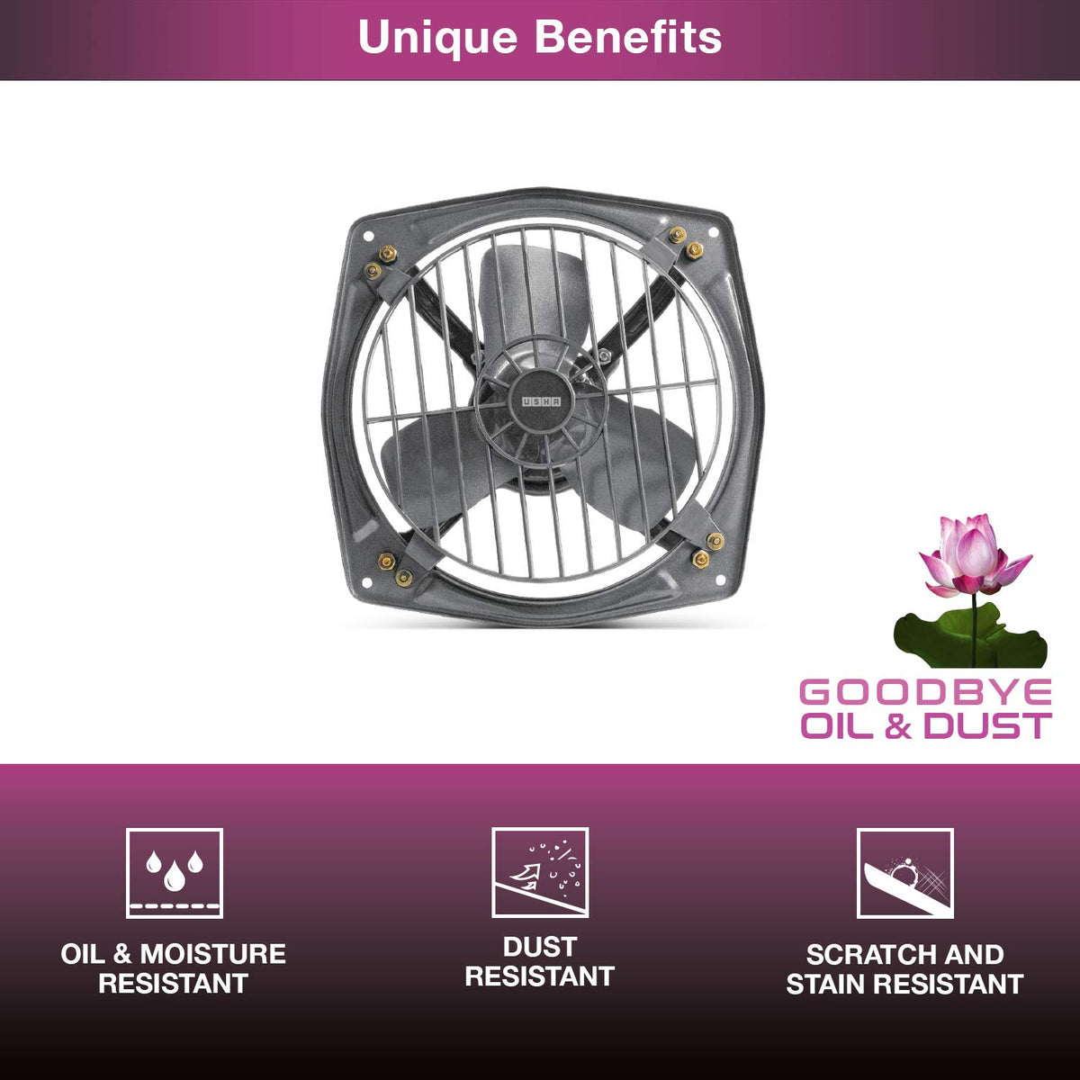 Usha Aeroclean 300 mm (12‑Inch) Exhaust Fan | Goodbye Oil & Dust Lacquer Coating | 100% Copper Motor | Scratch‑&‑Stain‑Resistant | Aerodynamically Balanced Blades | 2‑Year Warranty| Metallic Grey