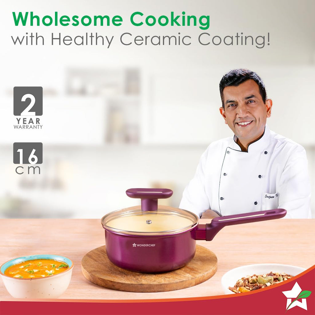 Wonderchef Bellagio Sauce Pan | 16 cm | 1.4 L | Non-Stick Ceramic Coating | Non-Toxic | Pure Aluminium | PFAS and PFOA Free | 3mm Thickness | Two-Tone Soft-Touch Handle & Knob | 2 Years Warranty