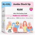 Plush Ultra-Thin Sanitary Napkins for Women, 42 Pcs | SUPER SAVER PACK | 24 XL Pads (Light-Medium Flow), 18 XXL Pad (Heavy Flow), 4 Panty Liners | 100% Rash-Free | Pure U.S. Cotton Sanitary Pads | No Fragrance | No Toxic-Chemicals