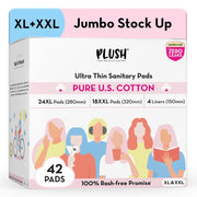 Plush Ultra-Thin Sanitary Napkins for Women, 42 Pcs | SUPER SAVER PACK | 24 XL Pads (Light-Medium Flow), 18 XXL Pad (Heavy Flow), 4 Panty Liners | 100% Rash-Free | Pure U.S. Cotton Sanitary Pads | No Fragrance | No Toxic-Chemicals