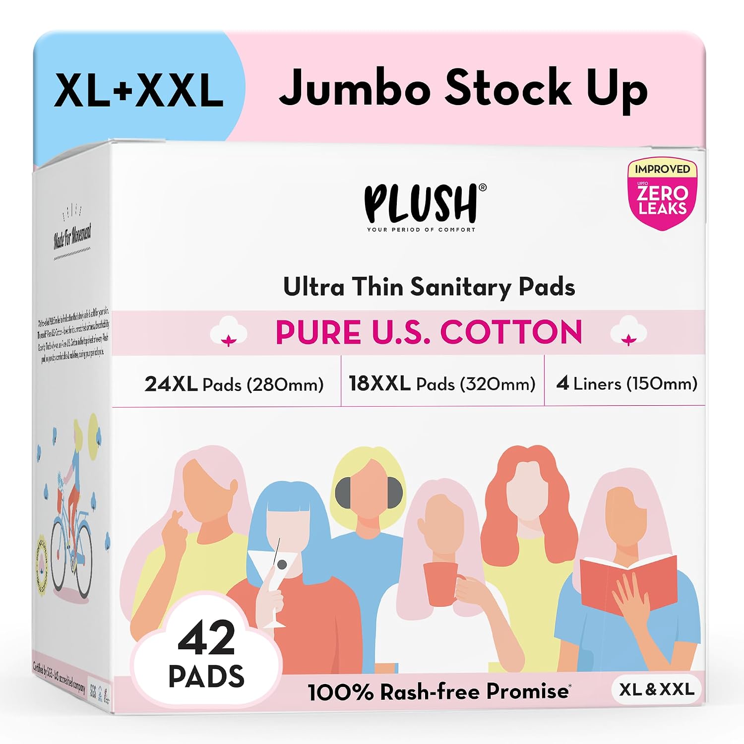 Plush Ultra-Thin Sanitary Napkins for Women, 42 Pcs | SUPER SAVER PACK | 24 XL Pads (Light-Medium Flow), 18 XXL Pad (Heavy Flow), 4 Panty Liners | 100% Rash-Free | Pure U.S. Cotton Sanitary Pads | No Fragrance | No Toxic-Chemicals