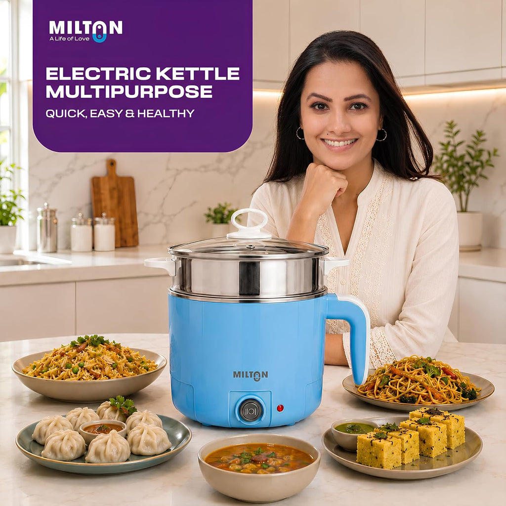 Milton Electric Kettle Multipurpose 1.2L | 600W Multi Cooker Kessel | 4-in-1 with Idli Stand (2 Plates), Steamer With Stainless Steel Stand, Egg Boiler | 1 Year Warranty