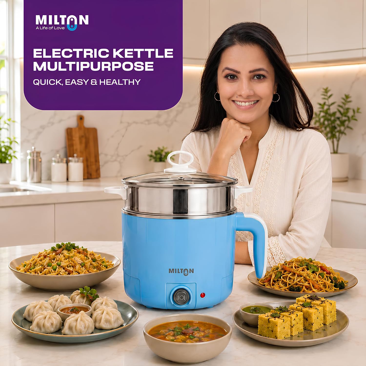Milton Electric Kettle Multipurpose 1.2L | 600W Multi Cooker Kessel | 4-in-1 with Idli Stand (2 Plates), Steamer With Stainless Steel Stand, Egg Boiler | 1 Year Warranty