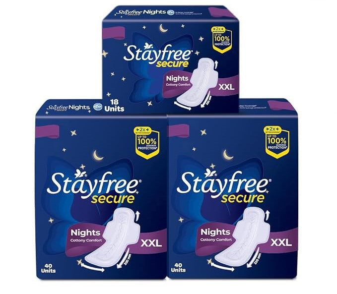 Stayfree Secure Nights XXL Sanitary Pads for Women | 98 Pads Combo Pack| Cottony Soft Cover | Upto 100% leakage protection | Buy XXL at XL price | Absorbs 2x Faster with Wider Back