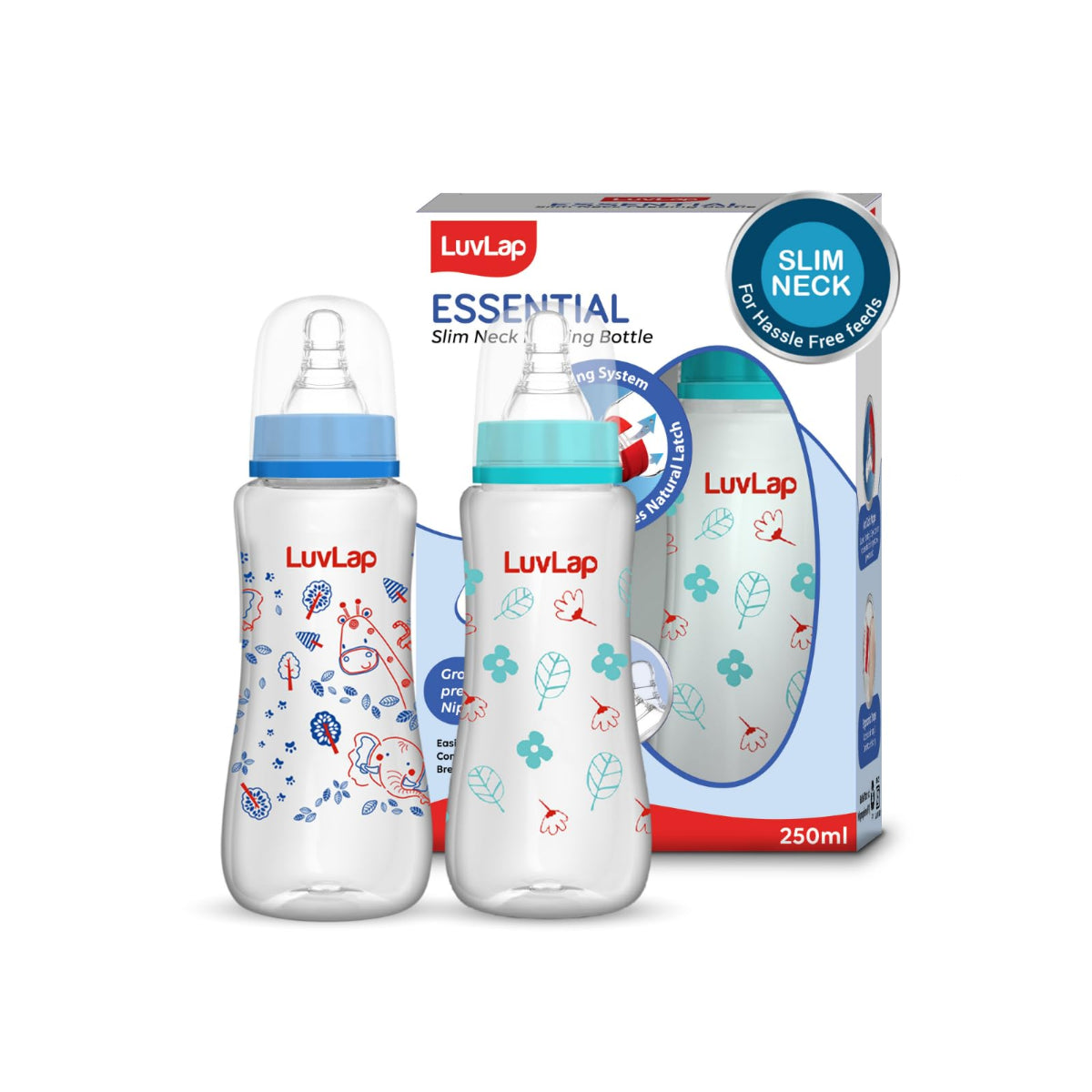 LuvLap Anti-Colic Slim/Regular Neck Essential Baby Plastic Feeding Bottle, 250Ml (Pack of 2), New Born/Infants/Toddler Upto 3 Years, Jungle Tales & Wild Flowers, BPA Free,Blue
