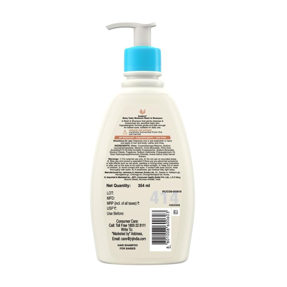 Aveeno Baby Daily Moisture Wash and Shampoo (354ml) | Cleanses hair & body | Oat kernel extract & glycerin | Tear-free, soap-free, paraben-free, hypoallergenic | US #1 Pediatrician recommended