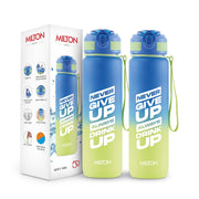 MILTON Gen'Z 1000 Motivational Sipper Water Bottle (Never Give Up) for Adults, Kids | BPA-Free, Leak-Proof, Flip-Top Cap, One-Hand Locking Lid, Easy-to-Carry Strap, Set of 2, 1000 ml each, Blue