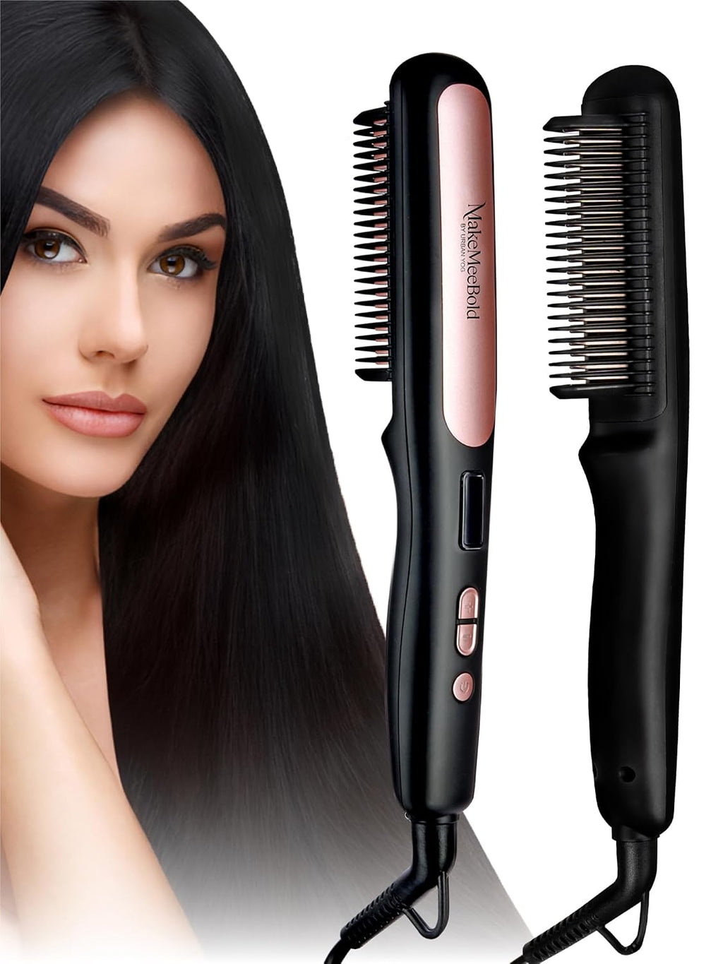 Urban yog MakeMeeBold Hair Straightener Brush| Frizz Free Hair | Electric Hair Straightner Comb | With Ceramic Coated Plates, 5 Temperature Controls,1200 Watt, Black