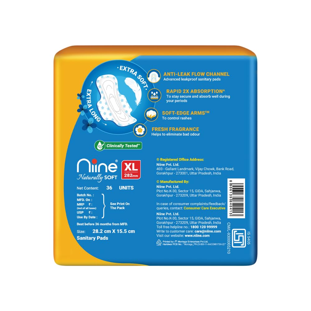 NIINE Naturally Soft XL Sanitary Pads for Women | 282mm Long | Cottony Soft Top Cover