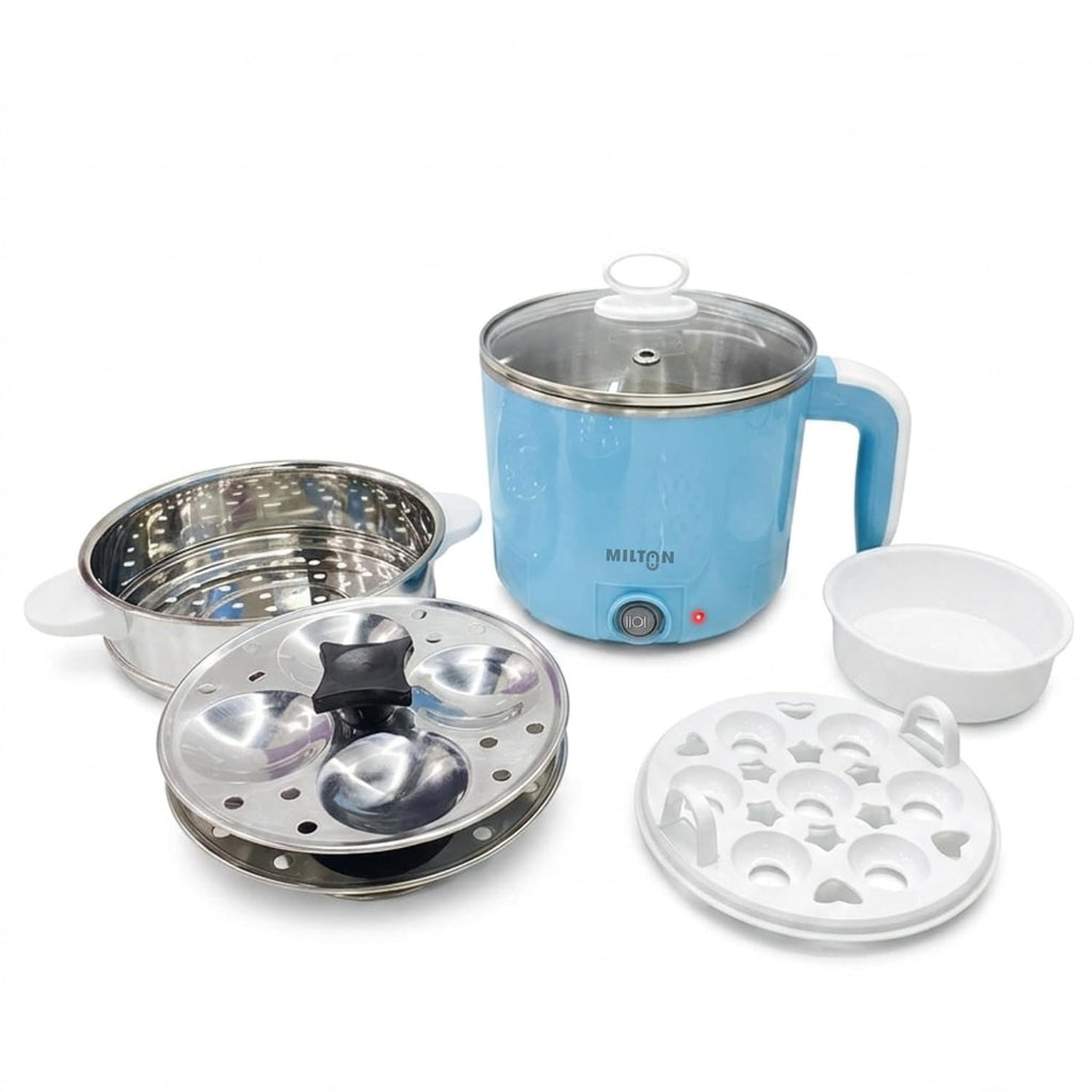 Milton Electric Kettle Multipurpose 1.2L | 600W Multi Cooker Kessel | 4-in-1 with Idli Stand (2 Plates), Steamer With Stainless Steel Stand, Egg Boiler | 1 Year Warranty