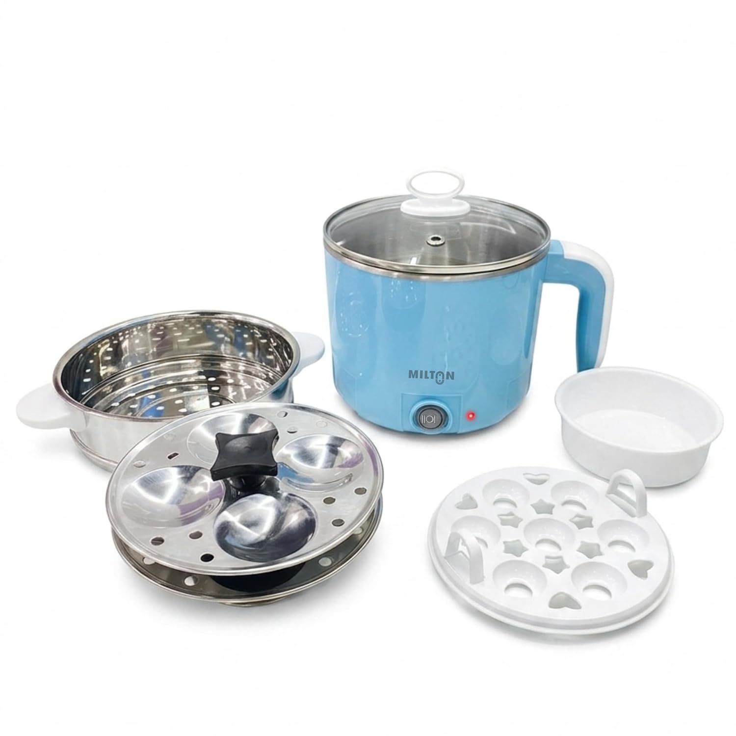 Milton Electric Kettle Multipurpose 1.2L | 600W Multi Cooker Kessel | 4-in-1 with Idli Stand (2 Plates), Steamer With Stainless Steel Stand, Egg Boiler | 1 Year Warranty