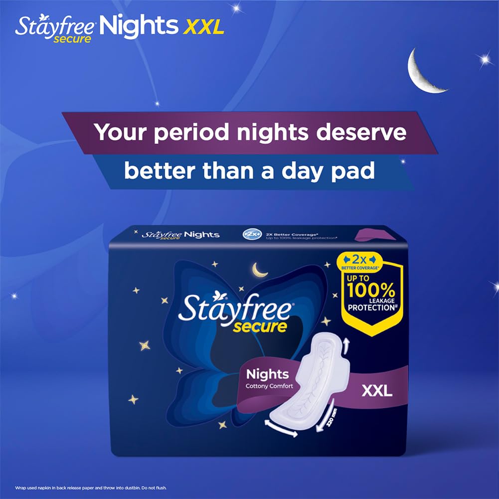 Stayfree Secure Nights XXL Sanitary Pads for Women | 98 Pads Combo Pack| Cottony Soft Cover | Upto 100% leakage protection | Buy XXL at XL price | Absorbs 2x Faster with Wider Back