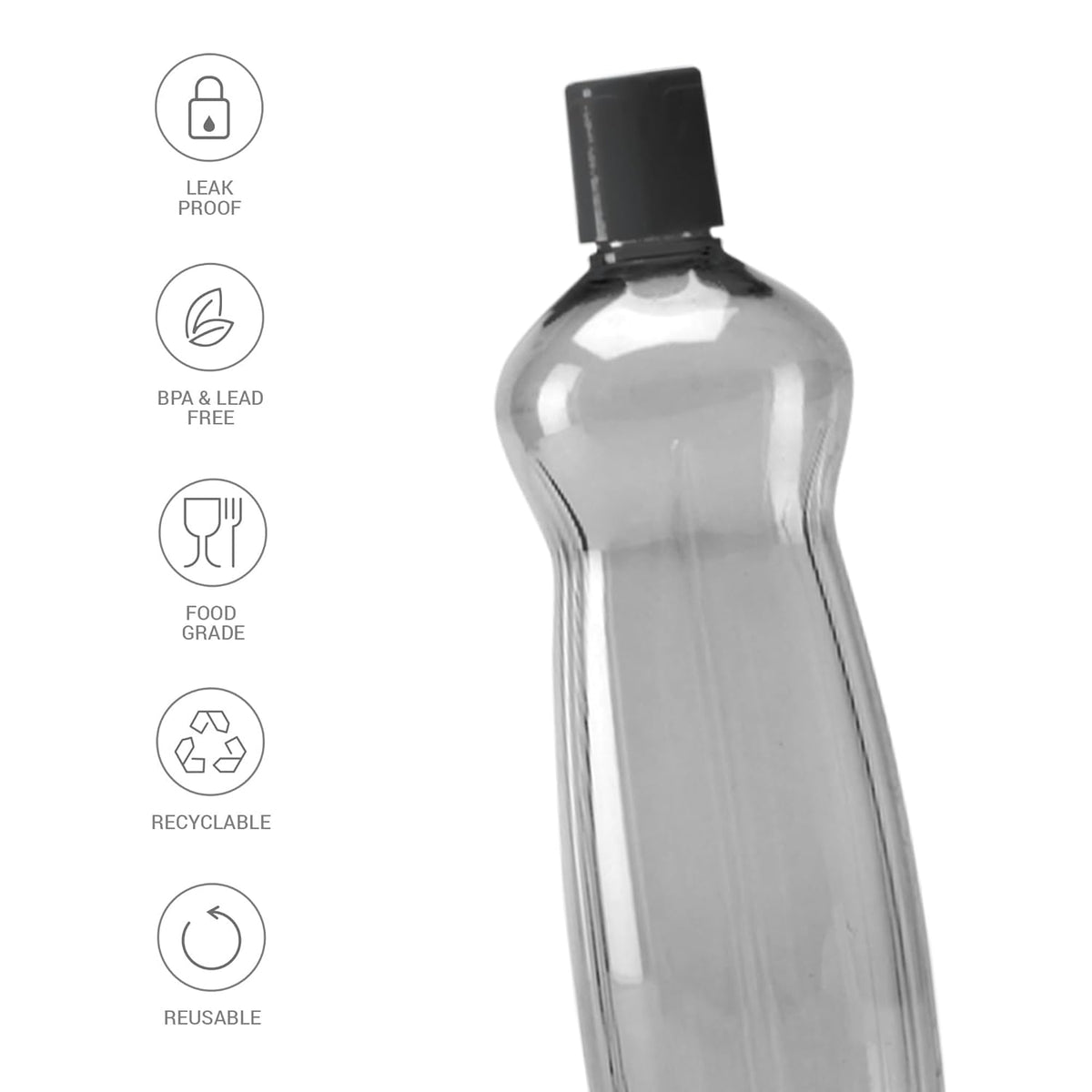 MILTON Pacific Pack of 6 Water Bottles, 1 Litre Each, Reusable Plastic Fridge Bottle Set, BPA Free and Leak Proof Bottles for Travel, Work, Grey