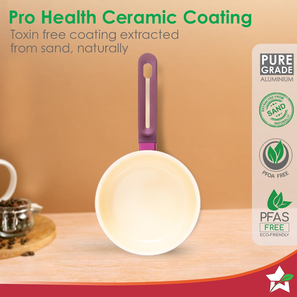 Wonderchef Bellagio Sauce Pan | 16 cm | 1.4 L | Non-Stick Ceramic Coating | Non-Toxic | Pure Aluminium | PFAS and PFOA Free | 3mm Thickness | Two-Tone Soft-Touch Handle & Knob | 2 Years Warranty