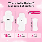 Plush Ultra-Thin Sanitary Napkins for Women, 42 Pcs | SUPER SAVER PACK | 24 XL Pads (Light-Medium Flow), 18 XXL Pad (Heavy Flow), 4 Panty Liners | 100% Rash-Free | Pure U.S. Cotton Sanitary Pads | No Fragrance | No Toxic-Chemicals