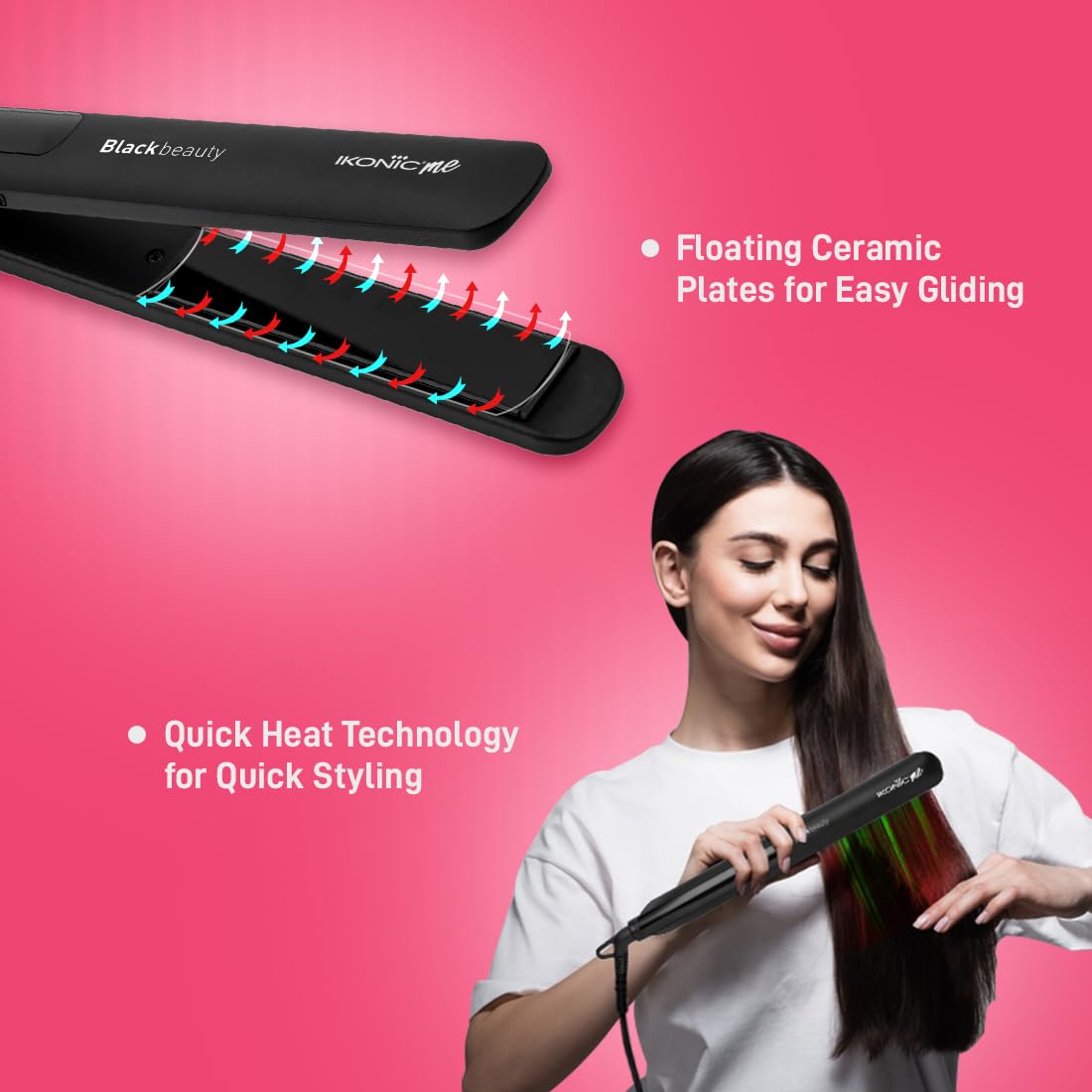 Ikonic Me Black Beauty Hair Straightener, Ceramic Floating Plates, Adjustable Temperature Up To 230°C, Quick Heat-Up Technology, Smooth, Sleek & Shiny Hair Styling, Hair Straightening Tool For Women, Black