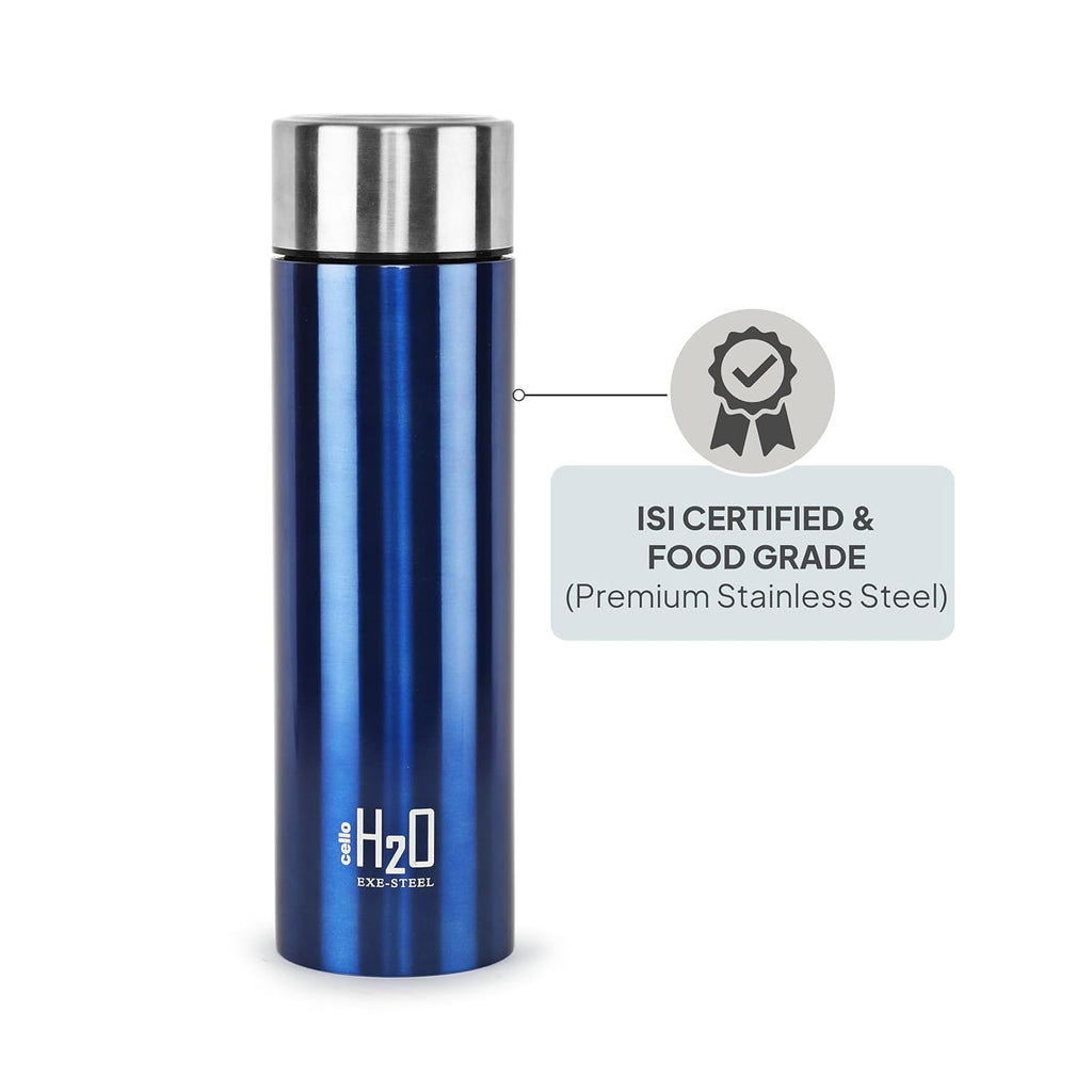 CELLO H2O Stainless Steel Water Bottle for Office & Daily Use 1000 ml Blue | Single Wall Freezer & Fridge Safe, Lightweight & Stylish Leakproof Rustproof Steel Water Bottle for School, Gym & Travel