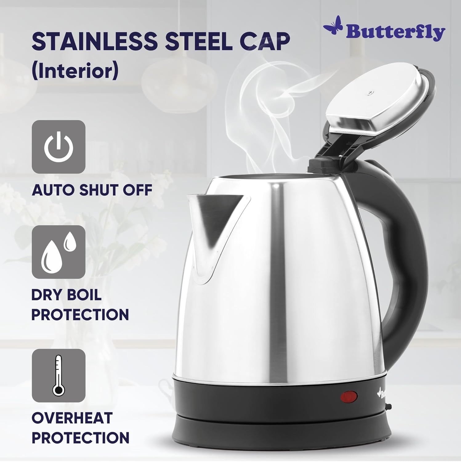 Butterfly EKN Stainless Steel Electric Kettle 1.5L + Eco SS Water Bottle 750ml Combo | Auto Shut Off | Dry Boil Protection | Coffee,Tea,Soup,Noodles | Home,Office,Travel,Kitchen Bottle,1500 Watts