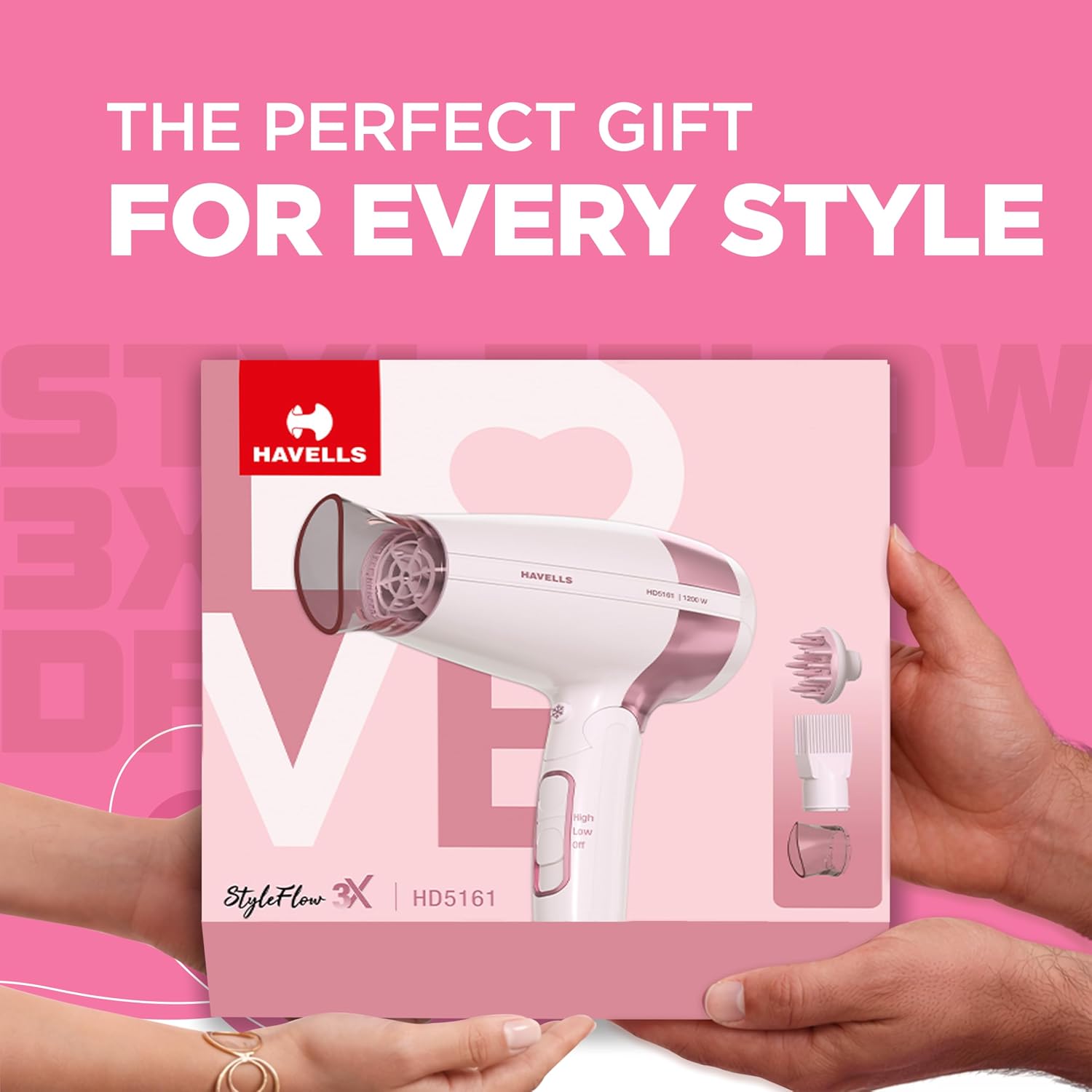 Havells Styling Hair Dryer | 3 Detachable Attachments | Diffuser, Quill-Style Comb & Aerofocus Nozzle | 3 Temperature/ 2 Speed Settings | Cool Shot | 2 Year Guarantee | HD5161