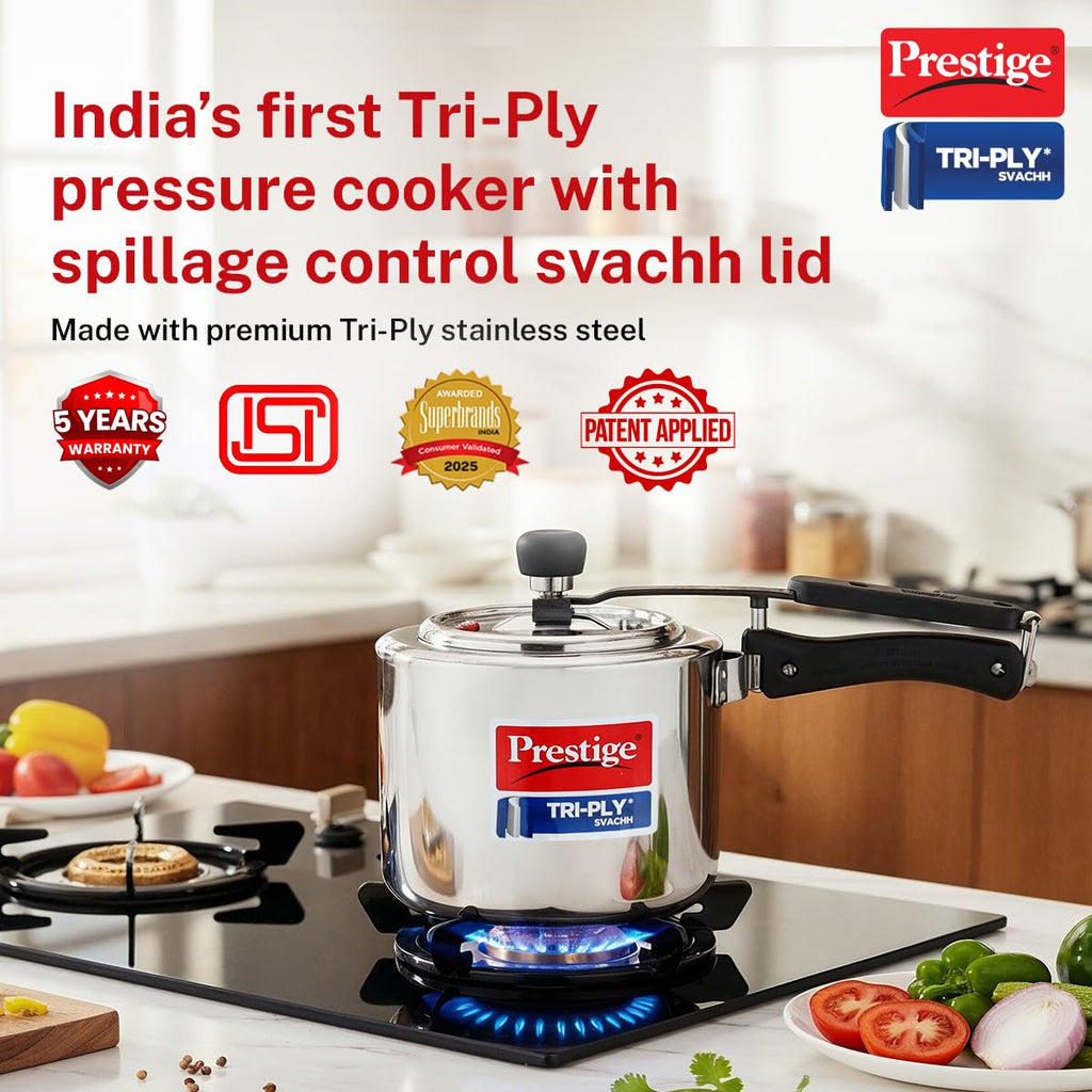 Prestige 3 Litre TRIPLY Svachh Inner Lid Pressure Cooker | Deep Lid for Spillage Control | Visual Pressure Indicator | Metallic Safety Plug | VPI | Gas & Induction Compatible | 5Y Warranty