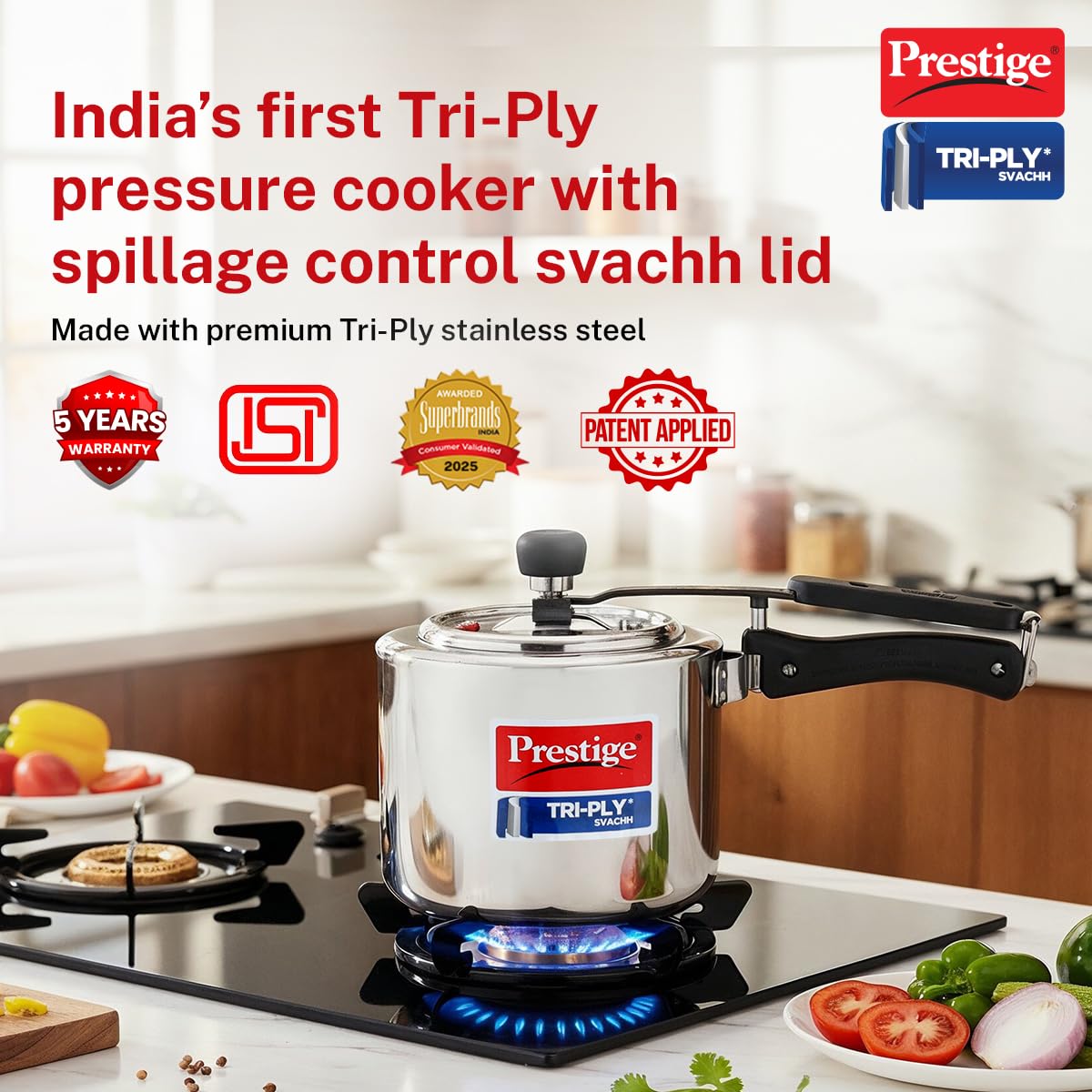 Prestige 3 Litre TRIPLY Svachh Inner Lid Pressure Cooker | Deep Lid for Spillage Control | Visual Pressure Indicator | Metallic Safety Plug | VPI | Gas & Induction Compatible | 5Y Warranty