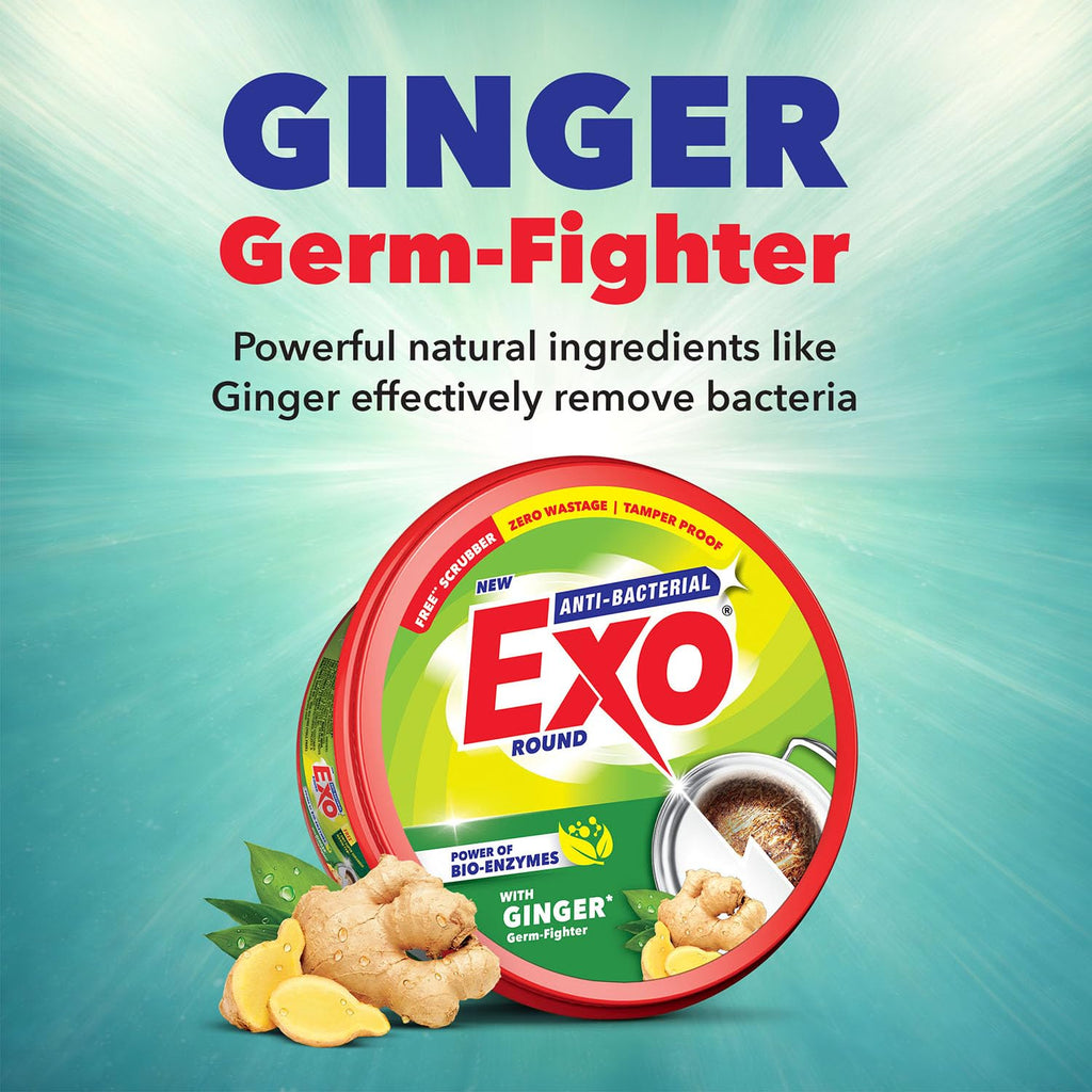 Exo Round Dishwash Bar 700gm X 2 | Complete Dishwashing Solution With Anti-Bacterial Efficacy & Goodness of Ginger Remove Tough Grime Stains With Ease | Experience Hygienic & Superior Cleaning
