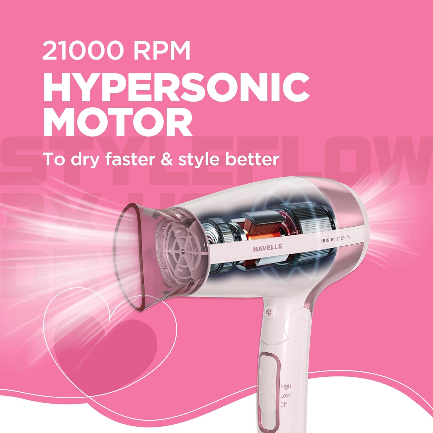 Havells Styling Hair Dryer | 3 Detachable Attachments | Diffuser, Quill-Style Comb & Aerofocus Nozzle | 3 Temperature/ 2 Speed Settings | Cool Shot | 2 Year Guarantee | HD5161