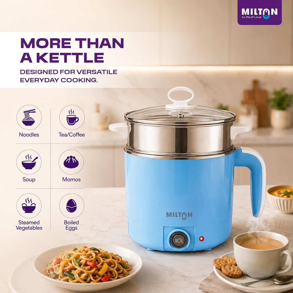 Milton Electric Kettle Multipurpose 1.2L | 600W Multi Cooker Kessel | 4-in-1 with Idli Stand (2 Plates), Steamer With Stainless Steel Stand, Egg Boiler | 1 Year Warranty