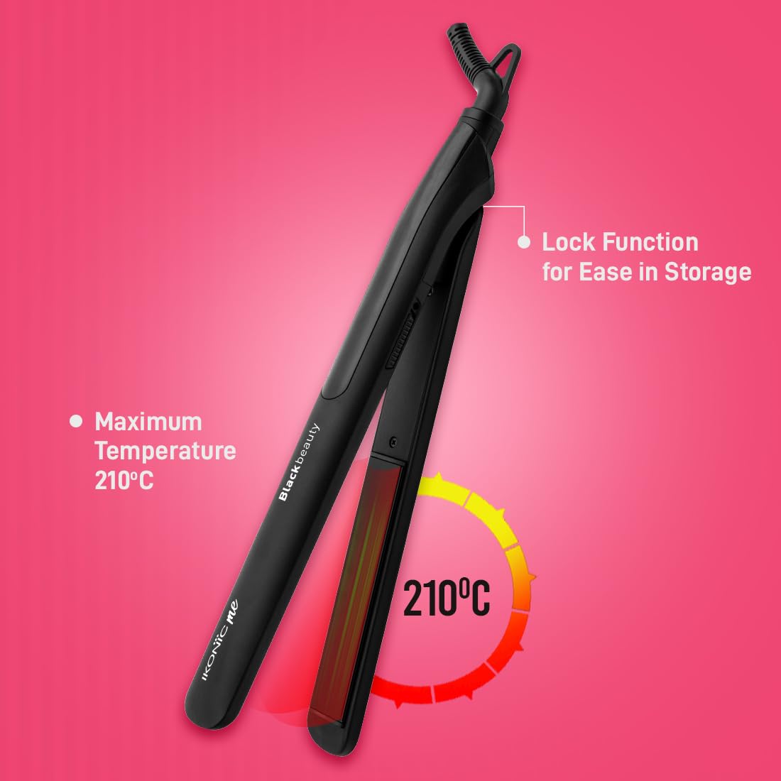 Ikonic Me Black Beauty Hair Straightener, Ceramic Floating Plates, Adjustable Temperature Up To 230°C, Quick Heat-Up Technology, Smooth, Sleek & Shiny Hair Styling, Hair Straightening Tool For Women, Black
