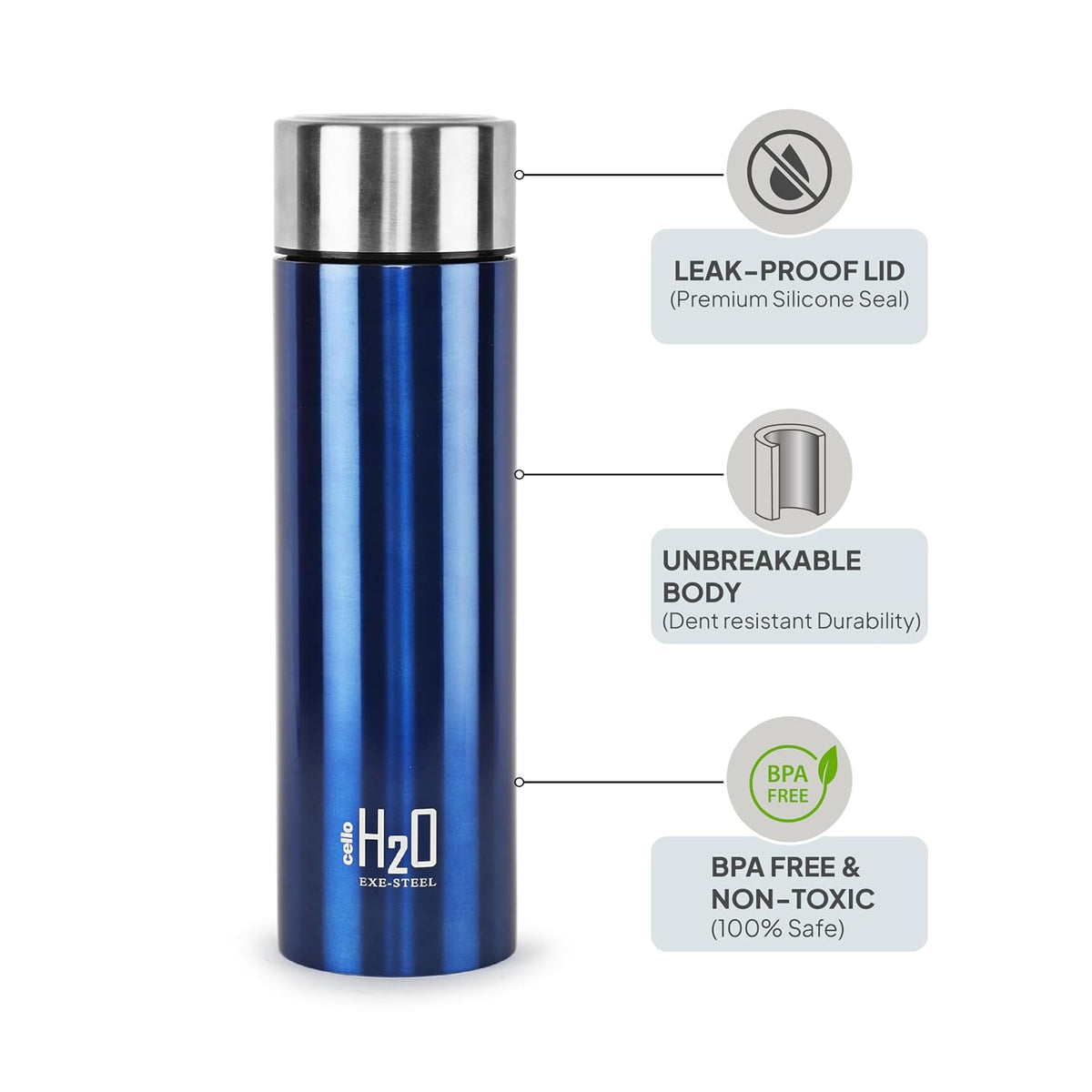 CELLO H2O Stainless Steel Water Bottle for Office & Daily Use 1000 ml Blue | Single Wall Freezer & Fridge Safe, Lightweight & Stylish Leakproof Rustproof Steel Water Bottle for School, Gym & Travel