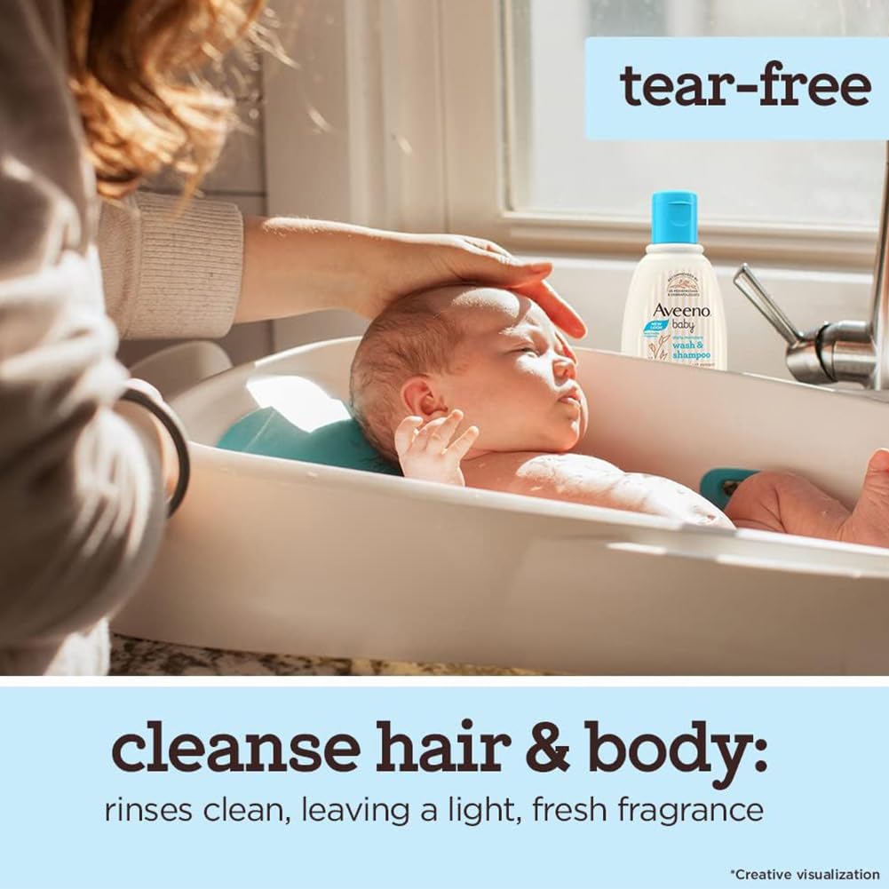 Aveeno Baby Daily Moisture Wash and Shampoo (354ml) | Cleanses hair & body | Oat kernel extract & glycerin | Tear-free, soap-free, paraben-free, hypoallergenic | US #1 Pediatrician recommended