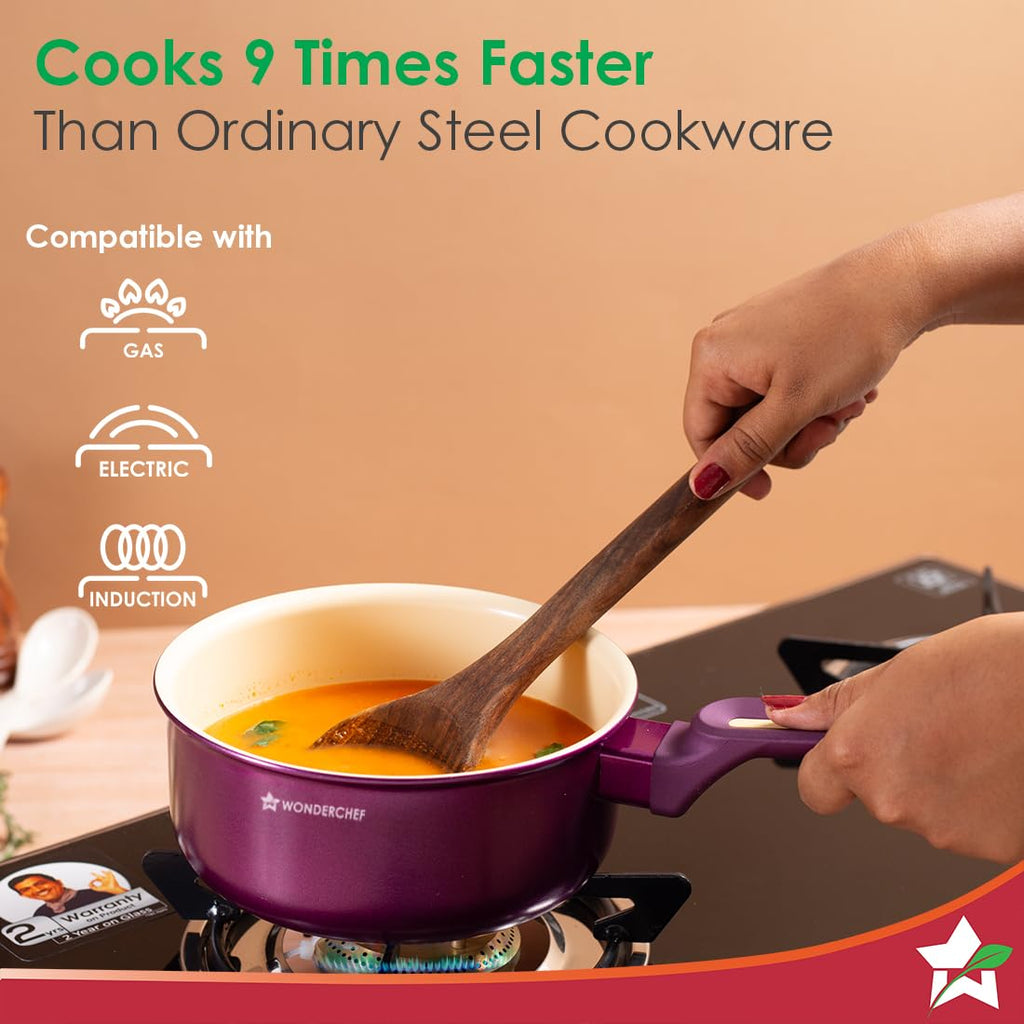 Wonderchef Bellagio Sauce Pan | 16 cm | 1.4 L | Non-Stick Ceramic Coating | Non-Toxic | Pure Aluminium | PFAS and PFOA Free | 3mm Thickness | Two-Tone Soft-Touch Handle & Knob | 2 Years Warranty