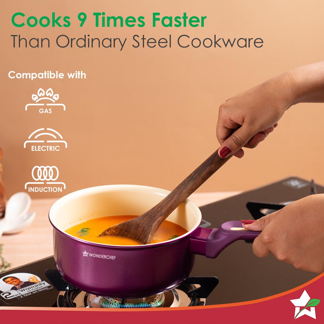 Wonderchef Bellagio Sauce Pan | 16 cm | 1.4 L | Non-Stick Ceramic Coating | Non-Toxic | Pure Aluminium | PFAS and PFOA Free | 3mm Thickness | Two-Tone Soft-Touch Handle & Knob | 2 Years Warranty