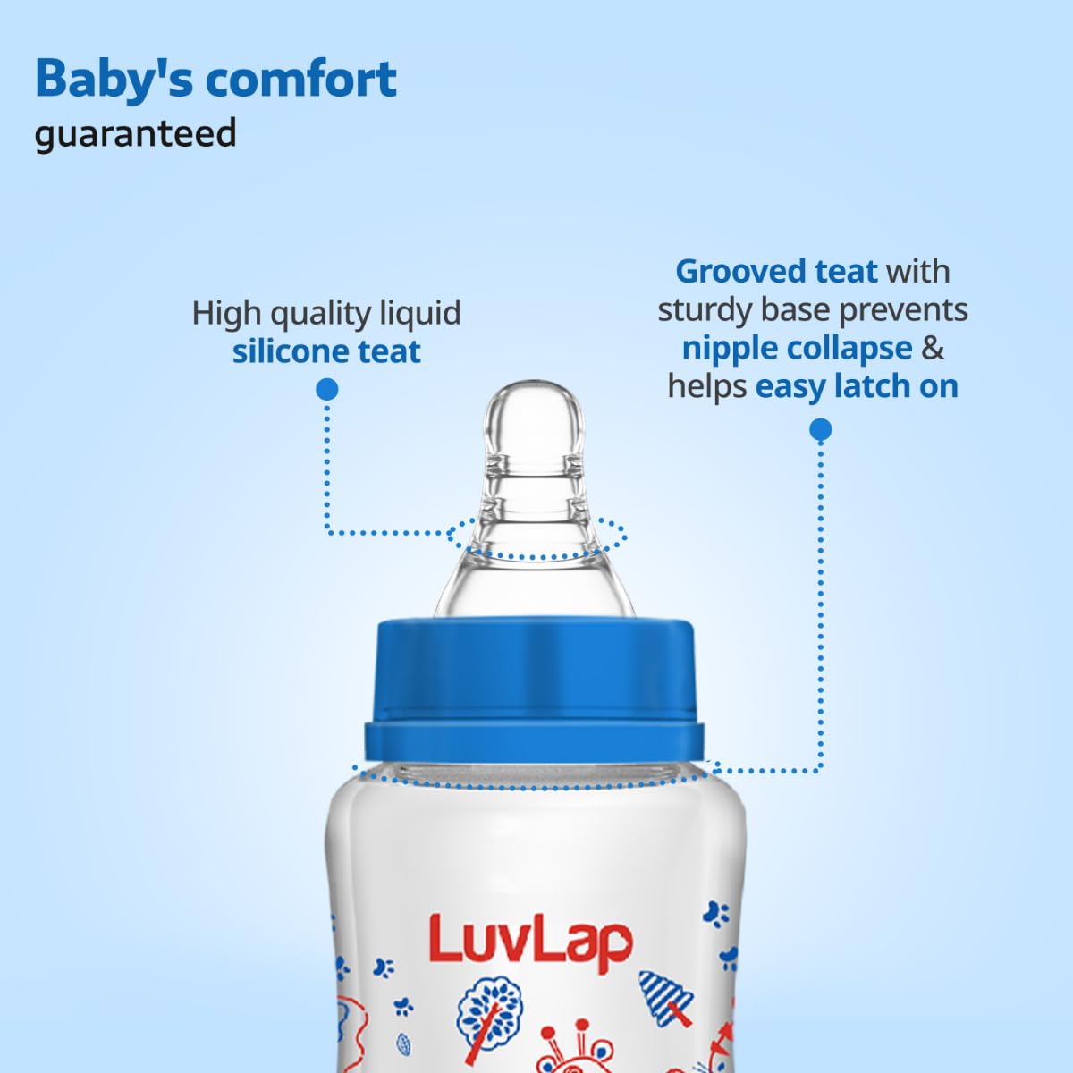 LuvLap Anti-Colic Slim/Regular Neck Essential Baby Plastic Feeding Bottle, 250Ml (Pack of 2), New Born/Infants/Toddler Upto 3 Years, Jungle Tales & Wild Flowers, BPA Free,Blue