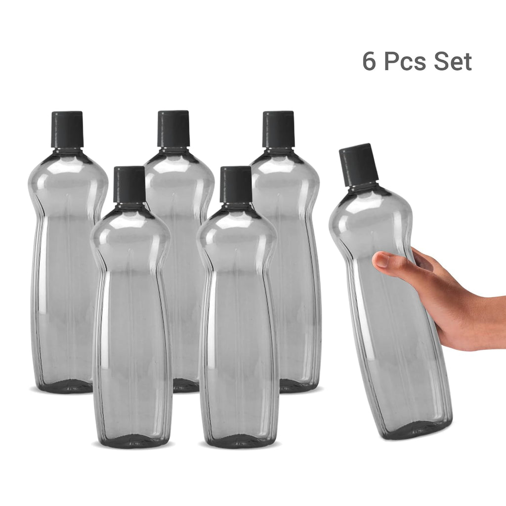 MILTON Pacific Pack of 6 Water Bottles, 1 Litre Each, Reusable Plastic Fridge Bottle Set, BPA Free and Leak Proof Bottles for Travel, Work, Grey