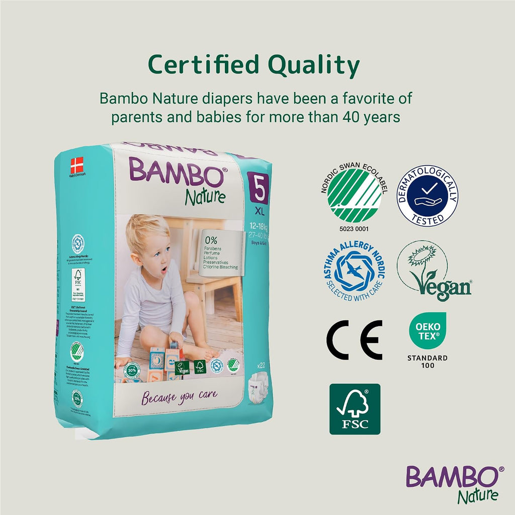 Bambo Nature Premium Baby Tape Diapers for Kids XL Size (12-18 Kgs), Super Absorbent, Breathable, Extra Soft, Dermatologically Tested, Hypoallergenic Infant Nappies With Wetness Indicator, 132 Count