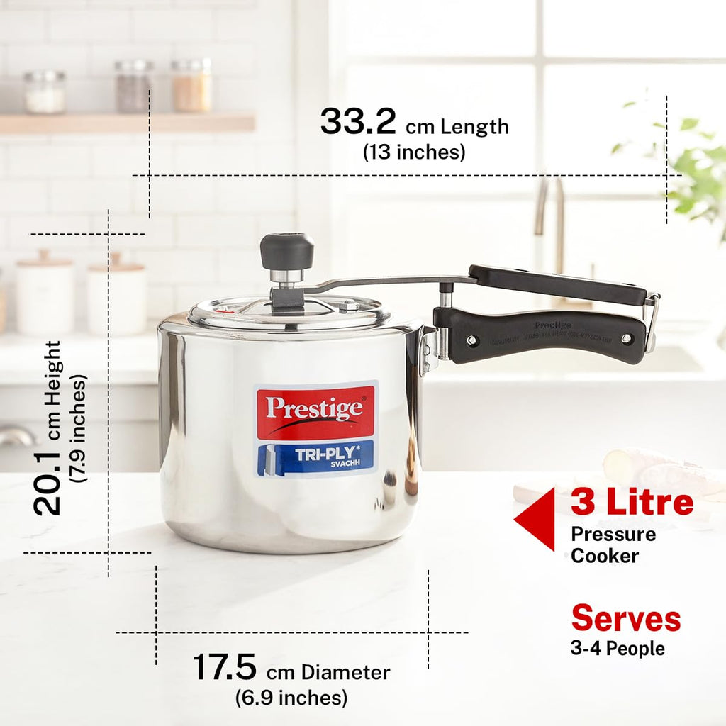 Prestige 3 Litre TRIPLY Svachh Inner Lid Pressure Cooker | Deep Lid for Spillage Control | Visual Pressure Indicator | Metallic Safety Plug | VPI | Gas & Induction Compatible | 5Y Warranty