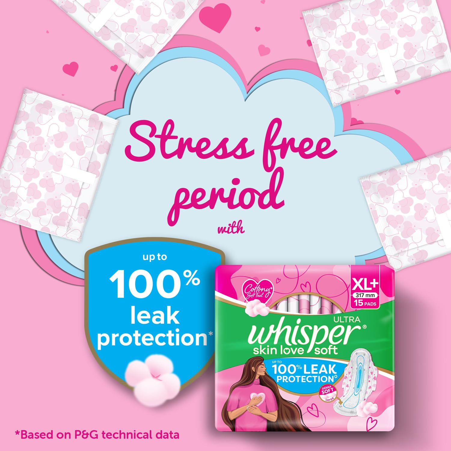 Whisper Ultra Skin Love Soft Sanitary Pads for Women, XL+ 15 Pads