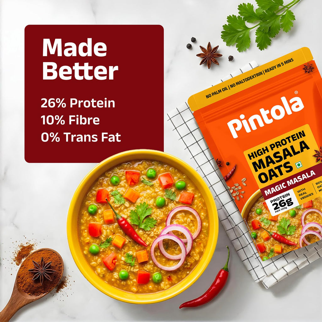 Pintola 26g High Protein Masala Oats 750g, Magic Masala, Breakfast Cereal with High Fiber & Veggies, No Palm Oil, No Preservatives, 5 min Healthy Snack, Helps Manage Weight, Gym Endurance & Gut Friendly