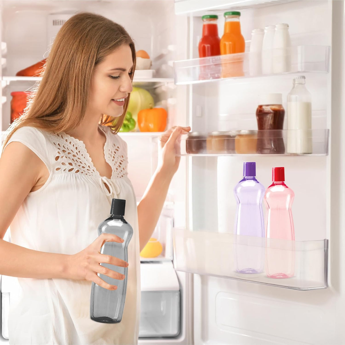 MILTON Pacific Pack of 6 Water Bottles, 1 Litre Each, Reusable Plastic Fridge Bottle Set, BPA Free and Leak Proof Bottles for Travel, Work, Grey