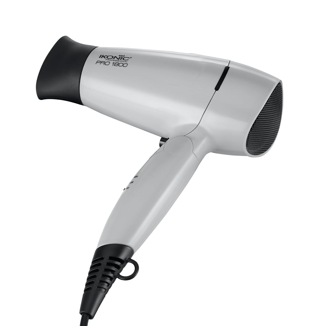 IKONIC 1800 Pro Hair Dryer Grey 2-Speed Temperature Settings with Cool Shot One Nozzle for Concentrated Airflow Spiral Device Cable Folding Design Travel Friendly, 1800Watt All Hair Type
